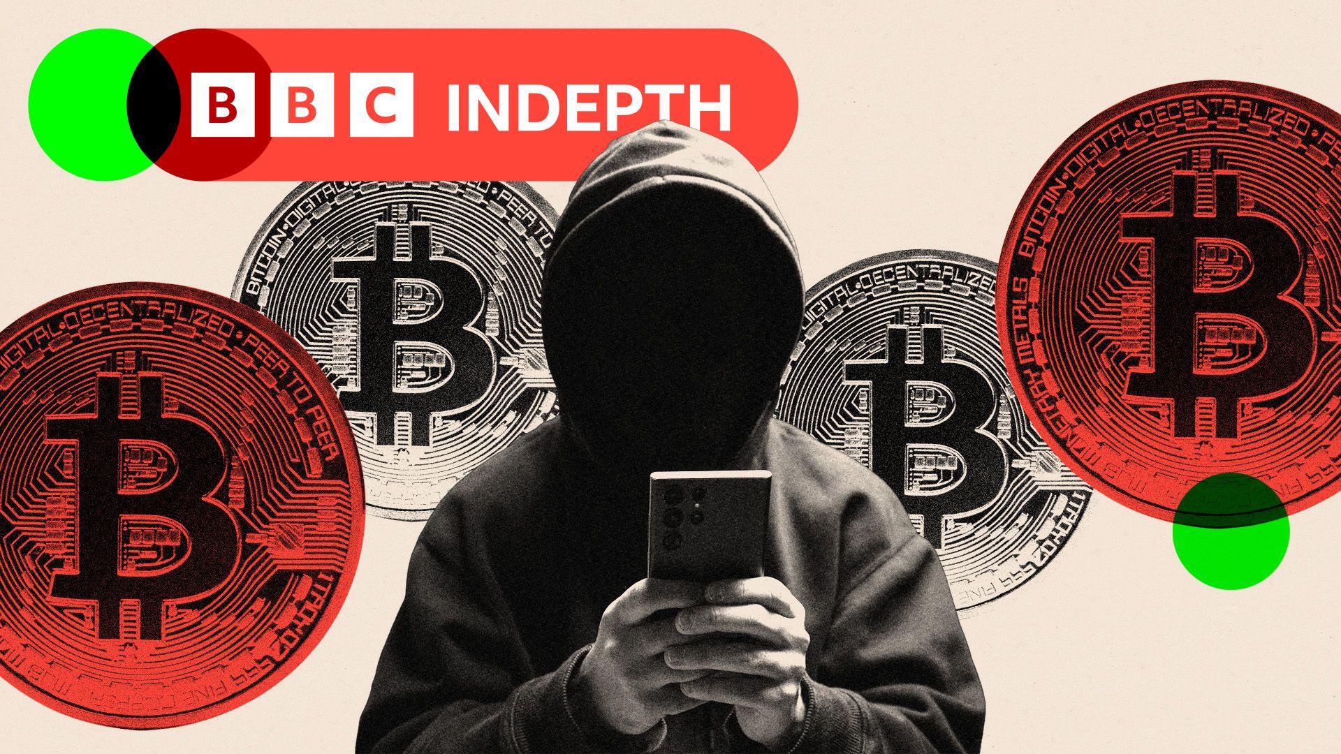 ภาพแฮกเกอร์สวมฮู้ดถือโทรศัพท์พร้อมเหรียญ Bitcoin รอบๆ