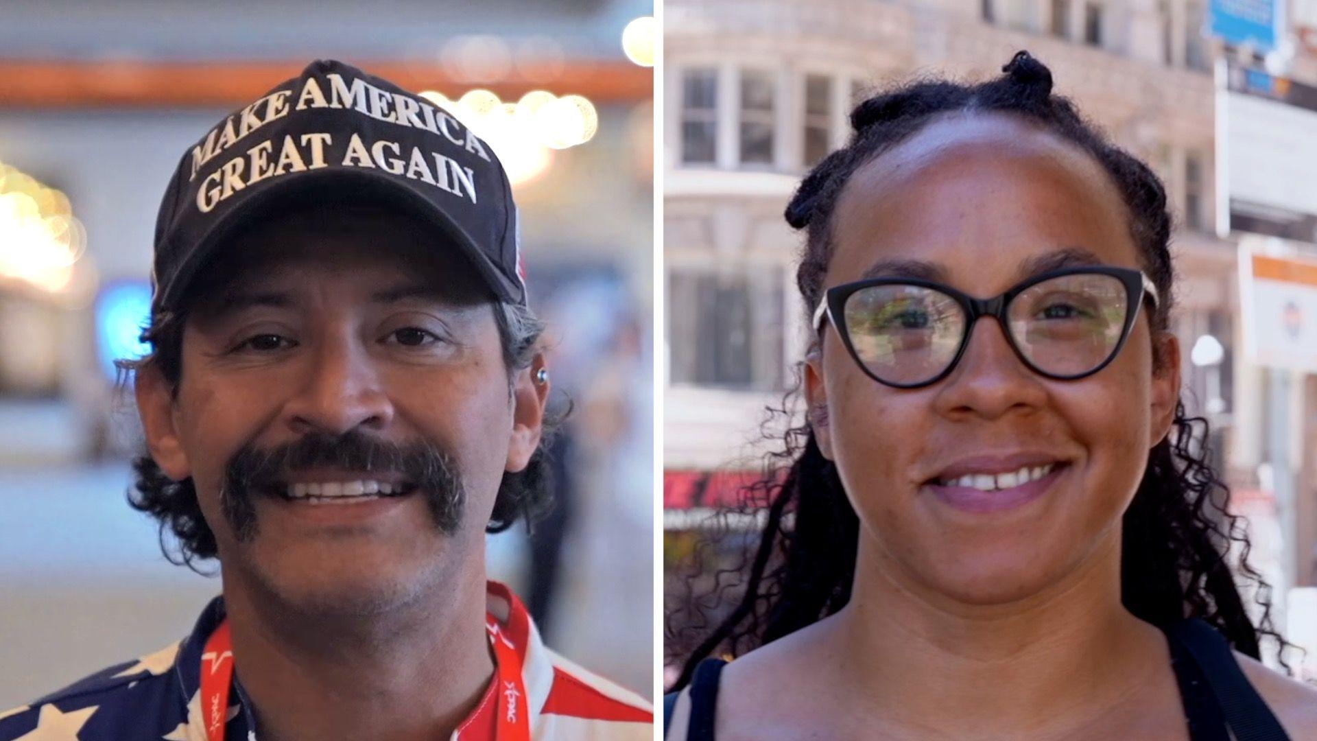 ผู้ชายสวมหมวก Make America Great Again อยู่ทางซ้าย และผู้หญิงสวมเสื้อกล้ามสีดำอยู่ทางขวา