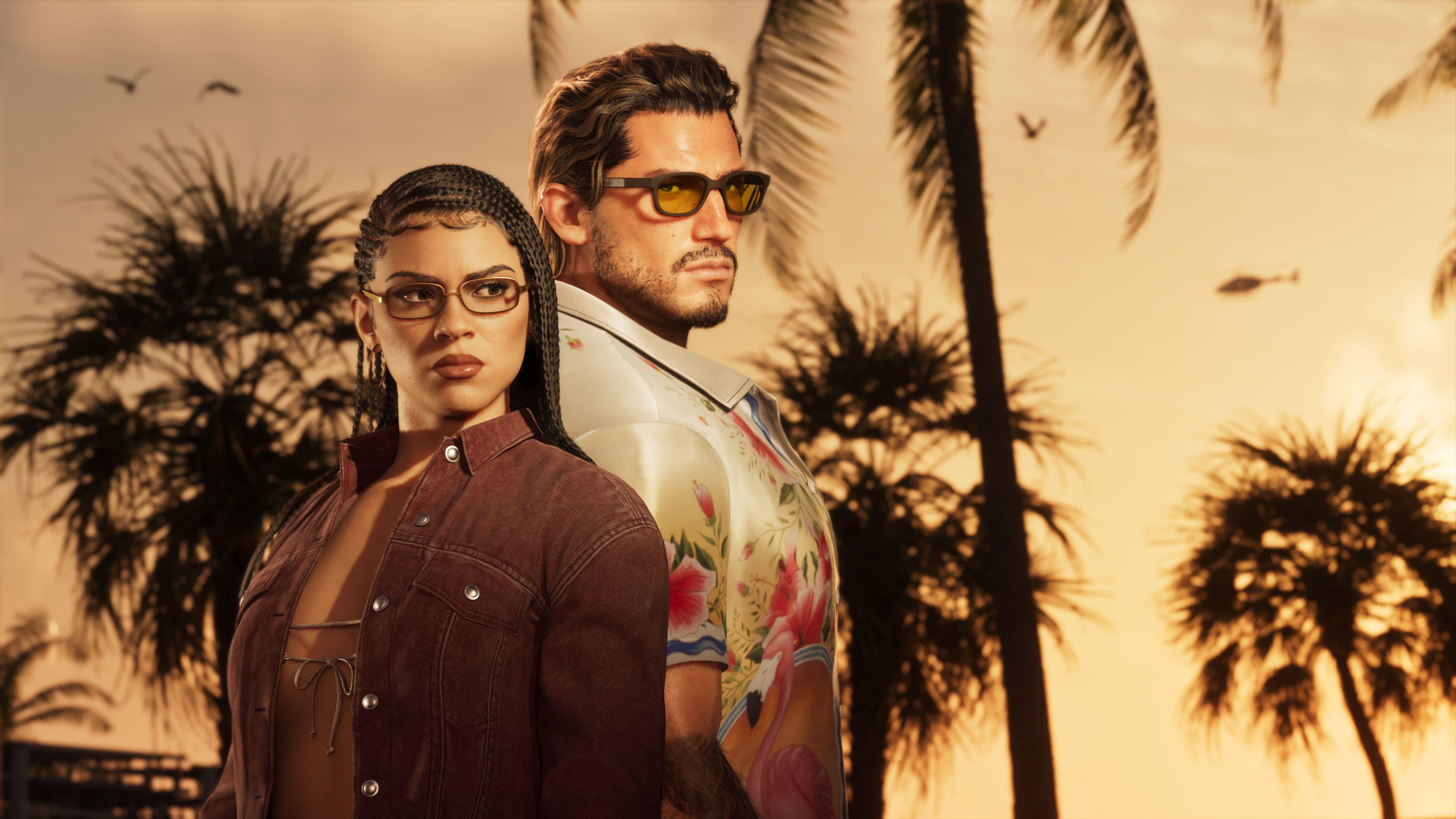 ภาพหน้าจอจาก GTA 6 แสดงตัวละครหลัก Lucia และ Jason ยืนพิงหลังกันใต้ต้นปาล์มยามอาทิตย์ตกดิน เธอกำลังสวมแว่นกันแดด ผมสีดำยาวของเธอถักเป็นเปียข้างๆ เธอสวมเสื้อแจ็คเก็ตหนังกลับสีแทนทับชุดบิกินี่สายเดี่ยว เขากำลังสวมแว่นกันแดดและเสื้อเชิ้ตสีขาวคอปกใหญ่มีลวดลายดอกไม้