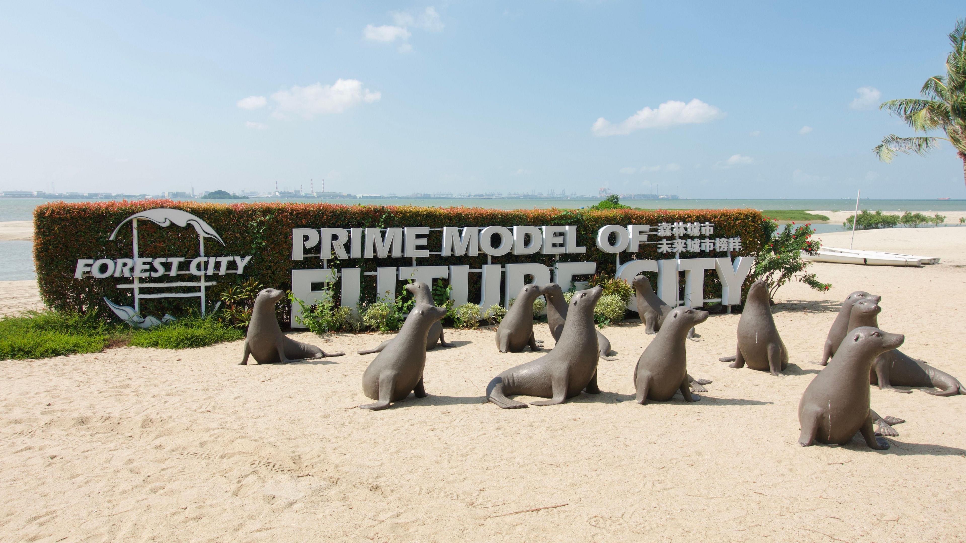 รูปปั้นแมวน้ำ 12 ตัวบนชายหาดหน้าพุ่มไม้ที่มีโลโก้