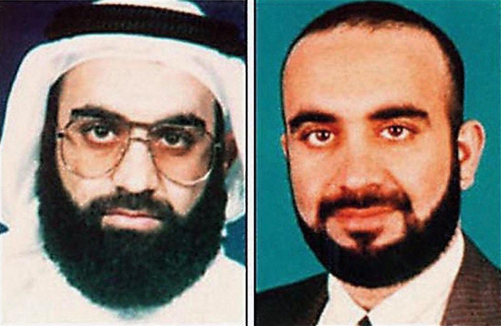 นี่คือภาพรวมที่จัดทำโดย FBI ซึ่งประกอบด้วยภาพถ่ายสองภาพที่ไม่มีระบุวันที่ของนายคาลิด เชค โมฮัมเหม็ด ภาพทางซ้ายเขามีเคราสีดำใหญ่ ผ้าโพกหัว และแว่นตา ส่วนภาพทางขวาเขาไม่มีผ้าโพกหัว มีผมสีเข้มและเคราสีเข้ม สวมชุดสูท