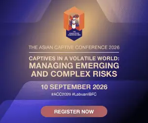 แบนเนอร์การประชุม The Asian Captive Conference 2026 พร้อมชื่อกิจกรรมและวันที่ จัดแสดงโลโก้เรขาคณิตและปุ่มลงทะเบียนตอนนี้.