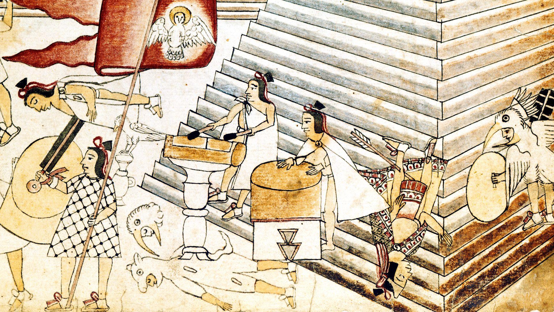 ภาพถ่ายหนึ่งในหน้าของ Codex Azcatitlán แสดงนักรบแอซเท็กกำลังปกป้องพีระมิดใหญ่แห่งเตนอชติตลันจากการรุกรานของกองทัพสเปน นักรบแอซเท็กคนหนึ่งแต่งกายเป็นนกและถือโล่ อีกคนกำลังร่วงลงจากขั้นบันไดพีระมิดหลังจากถูกยิงที่ขาด้วยลูกธนู ชายสองคนกำลังเล่นกลอง