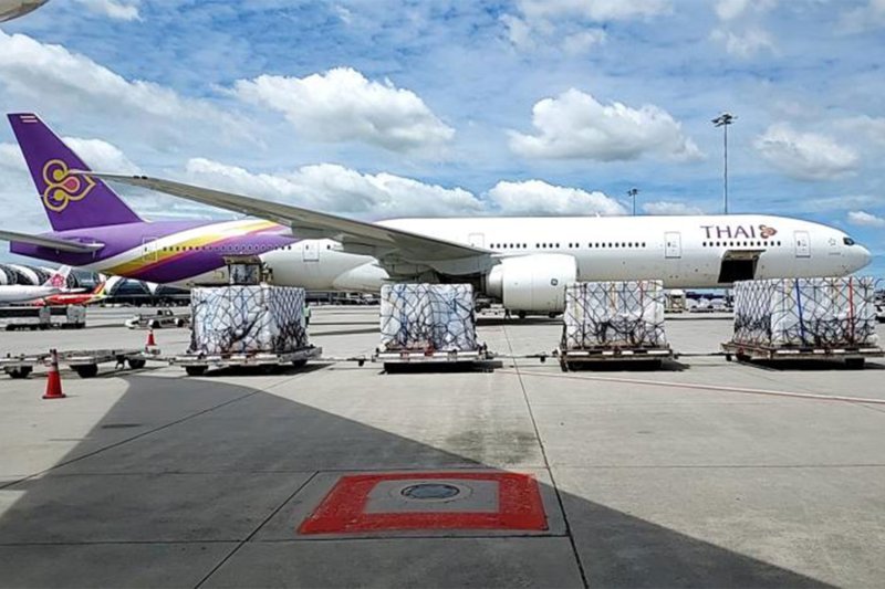 วัคซีนซิโนฟาร์มจากจีนถูกขนถ่ายออกจากเครื่องบินของการบินไทย (THAI) ที่ท่าอากาศยานสุวรรณภูมิเมื่อเดือนกรกฎาคม 2564 (ภาพ: การบินไทย)