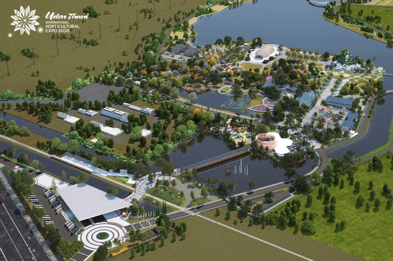 ภาพจำลองแสดงภาพรวมของพื้นที่จัดงานมหกรรมพืชสวนโลกอุดรธานี 2026 ในอำเภอเมือง จังหวัดอุดรธานี (ภาพ: กรมวิชาการเกษตร)