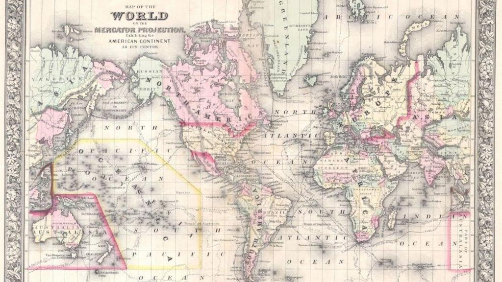 แผนที่โลกของมิทเชลล์บนระนาบเมอร์เคเตอร์ ปี 1864