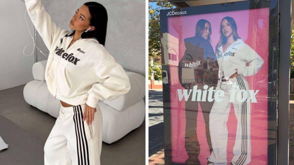 ภาพสองภาพแสดงผู้หญิงสวมชุดวอร์ม White Fox สีขาวกำลังเซลฟี่ และป้ายโฆษณาแบรนด์ White Fox ที่ป้ายรถเมล์