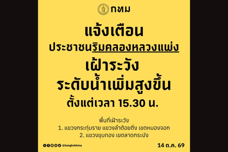 กรุงเทพมหานครเตือนประชาชนริมคลองหลวงแพ่งให้ระมัดระวังระดับน้ำที่เพิ่มสูงขึ้น (ภาพ: bangkokbma)
