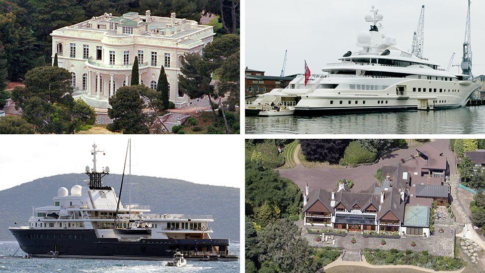 ภาพประกอบสี่ส่วน แสดง Chateau de la Croe, คฤหาสน์นีโอคลาสสิกสีขาวล้อมรอบด้วยต้นสนและต้นไม้อื่นๆ; เรือยอชต์สุดหรู Pelorus สีขาว; ที่ดิน Fyning Hill มองจากมุมสูง แสดงคฤหาสน์ขนาดใหญ่มีโครงสร้างครึ่งไม้; และเรือยอชต์สุดหรู Le Grand Bleu อีกลำมีลำเรือสีน้ำเงินเข้ม