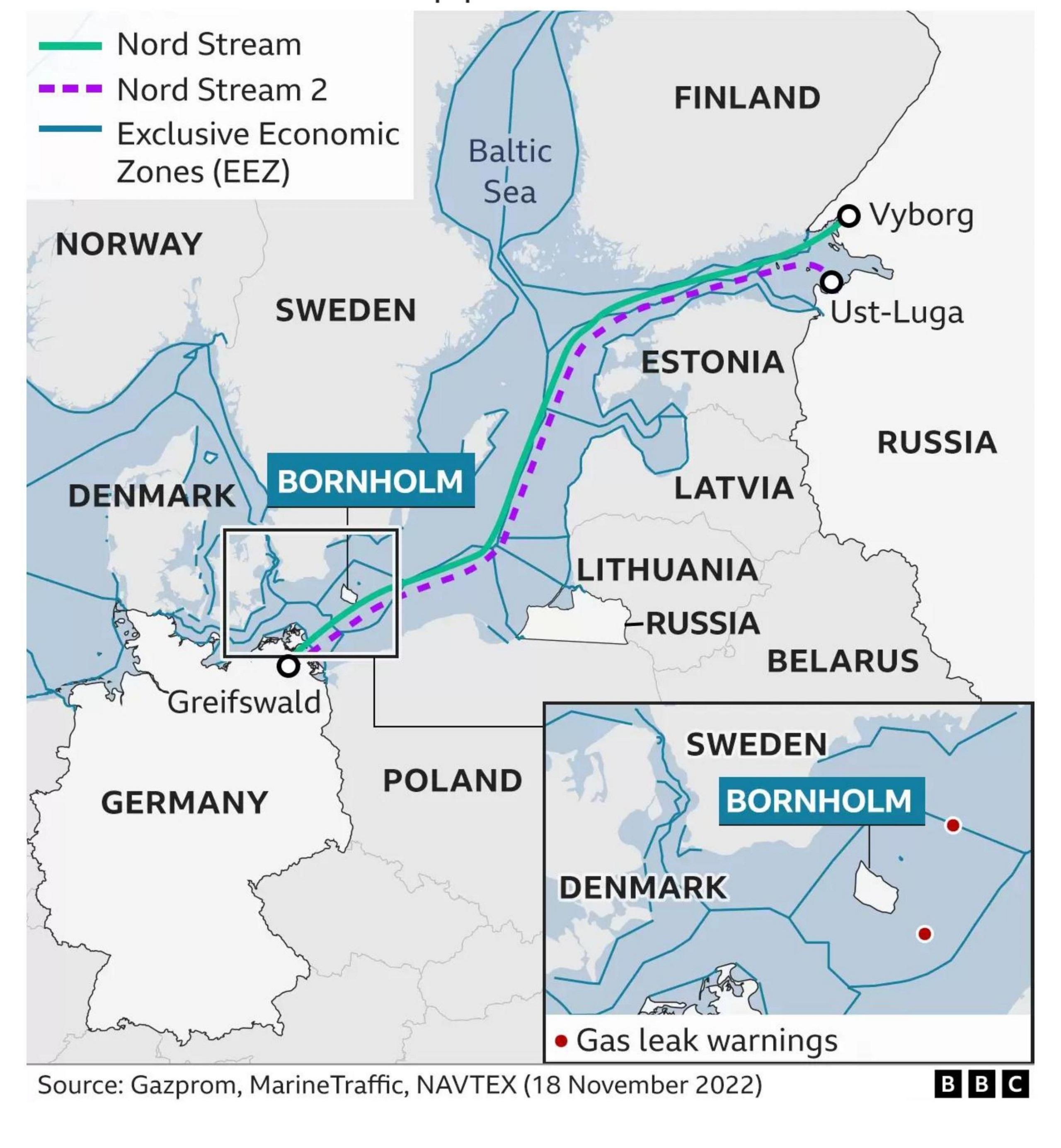 แผนที่แสดงท่อส่งก๊าซ Nord Stream ในยุโรป