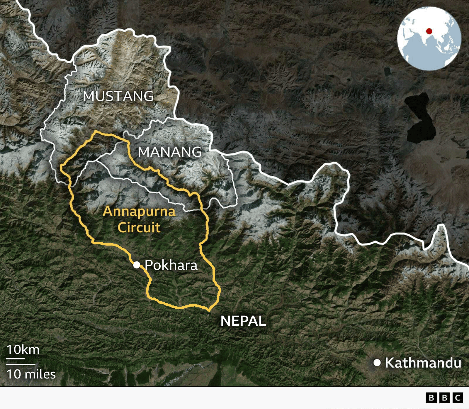 แผนที่แสดงเขตมัสแตงและมานัง และเส้นทางเทรคกิ้ง Annapurna Circuit ที่ทอดยาวผ่านทั้งสองเขต