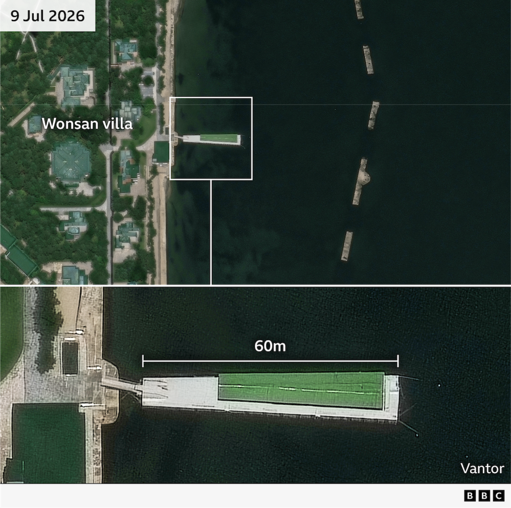 ภาพถ่ายดาวเทียมเมื่อวันที่ 9 กรกฎาคม 2026 แสดงเรือยาว 60 เมตรจอดทอดสมออยู่นอกวิลล่าในวอนซาน พร้อมภาพระยะใกล้ของเรือ