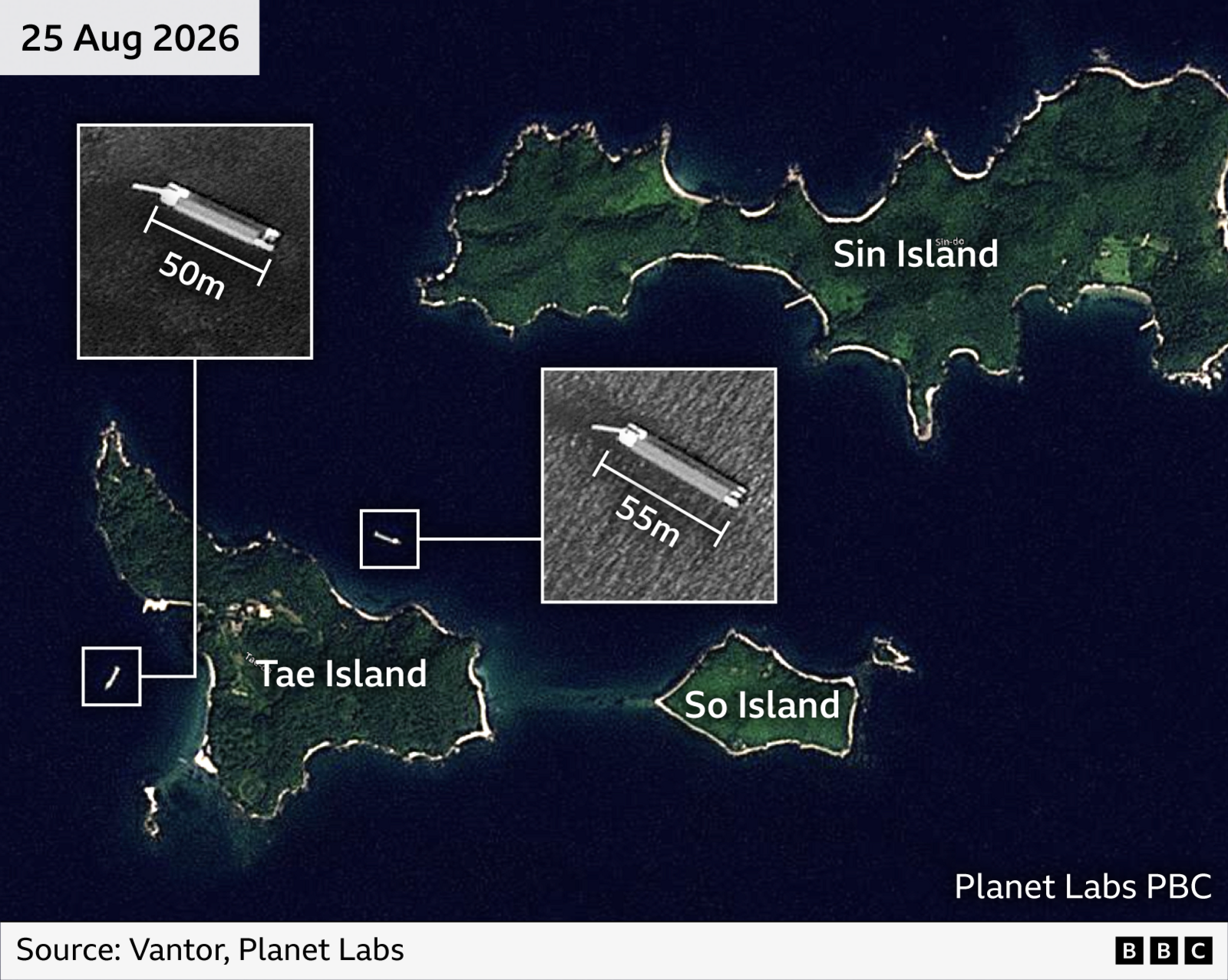 ภาพถ่ายดาวเทียมลงวันที่ 25 สิงหาคม 2026 แสดงเรือสองลำ ขนาด 50 เมตรและ 55 เมตร นอกเกาะแทและเกาะซิน ใกล้วอนซาน