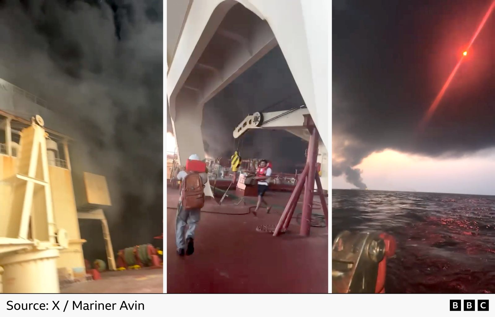 สามภาพจากเรือในทะเลแสดงควันพวยพุ่งขึ้นสู่ขอบฟ้า ในภาพซ้าย ควันดำหนาทึบลอยขึ้นสู่ท้องฟ้ายามค่ำคืนข้างดาดฟ้าเรือ ในภาพกลาง ลูกเรือที่สวมอุปกรณ์นิรภัยยืนอยู่บนดาดฟ้าเรือขณะที่ควันลอยขึ้นสู่เบื้องหน้า ในภาพขวา กลุ่มควันขนาดใหญ่มองเห็นได้เหนือทะเล ส่องสว่างด้วยพลุสีแดงหรือแสงไฟบนท้องฟ้า แหล่งที่มา: X / Mariner Avin
