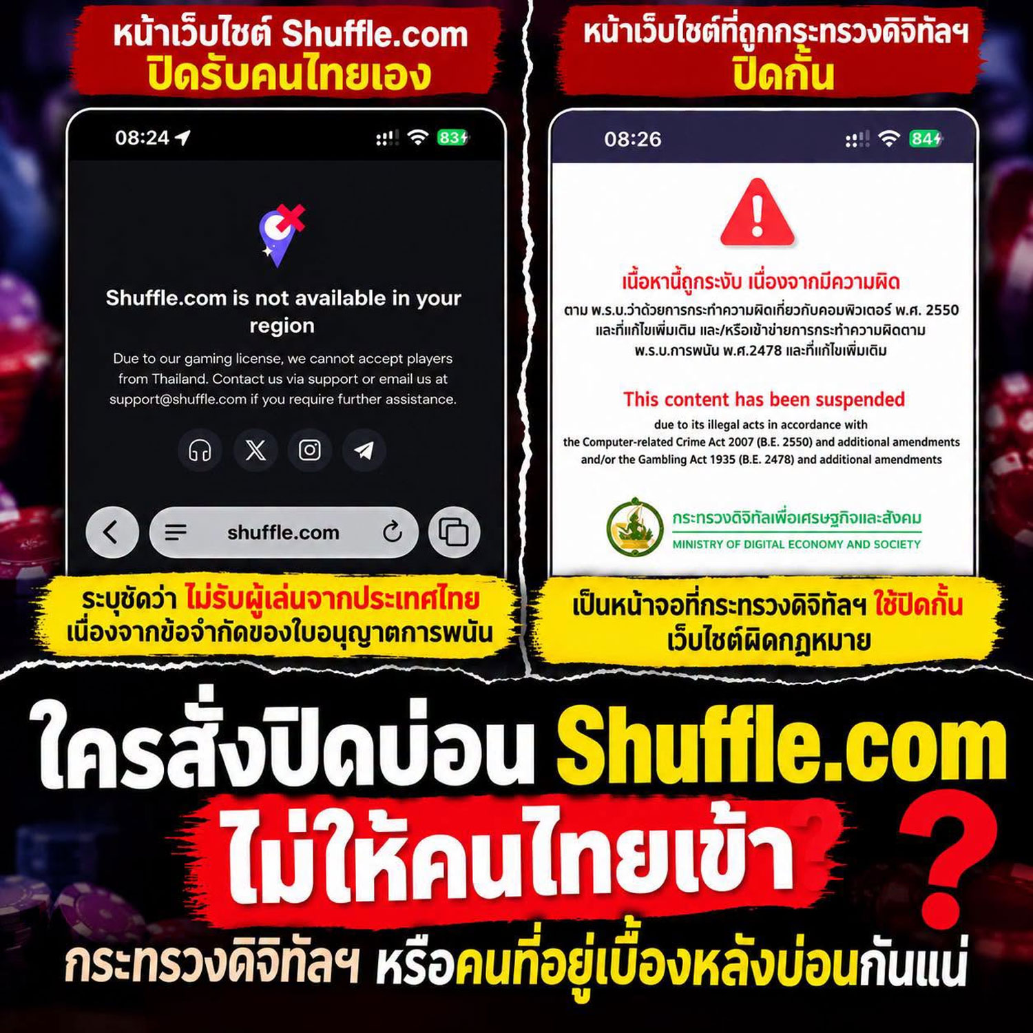 อดีต ส.ส. พรรคประชาธิปัตย์ นายศิริโชค โสภา โพสต์ข้อความในเฟซบุ๊กถามว่า “ใครสั่งให้ Shuffle.com บล็อกผู้เล่นชาวไทย?” พร้อมภาพหน้าจอแสดงการประกาศของ Shuffle.com ว่าจะไม่รับผู้เล่นจากประเทศไทยอีกต่อไป และภาพอีกหน้าจอที่แสดงถึงเว็บไซต์ที่ถูกกระทรวงดิจิทัลเพื่อเศรษฐกิจและสังคมบล็อก